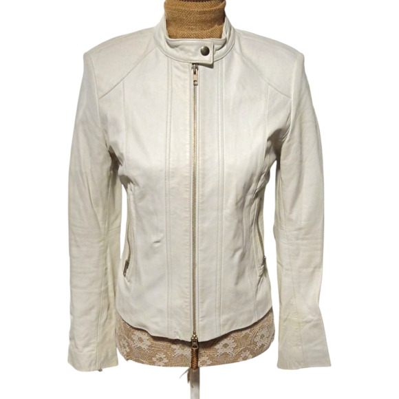 Vintage Michael Hoban Cream Lather Full Zip Moto Jacket L - Picture 1 of 4